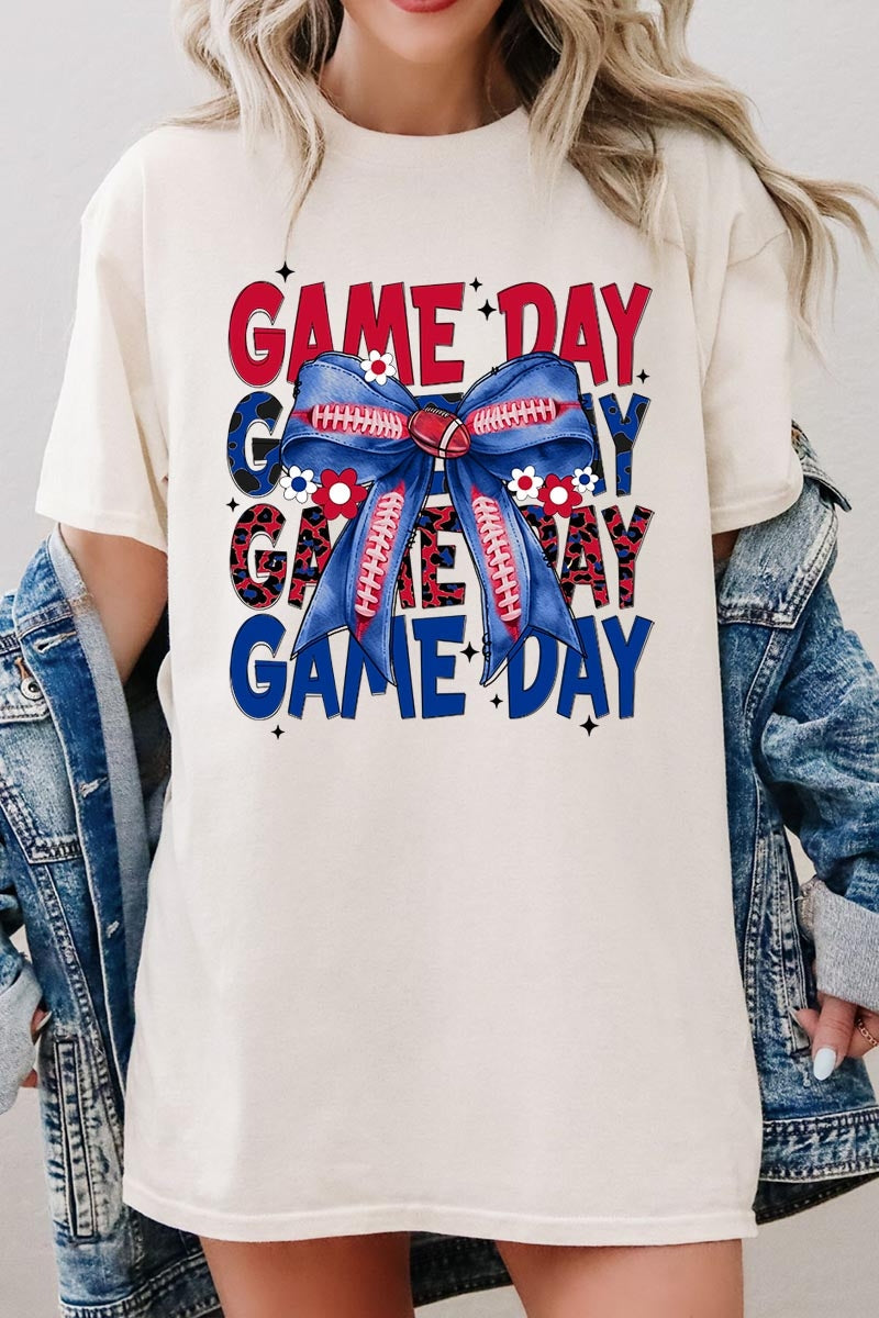 5000P-E3087 Red Blue Football Bow Plus Heavy Cotton Tee $12.75