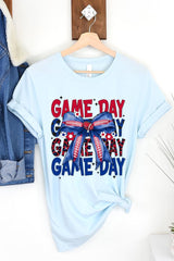 US3001-E3087 Red Blue Football Game Day Bow Graphic Tee $12.5