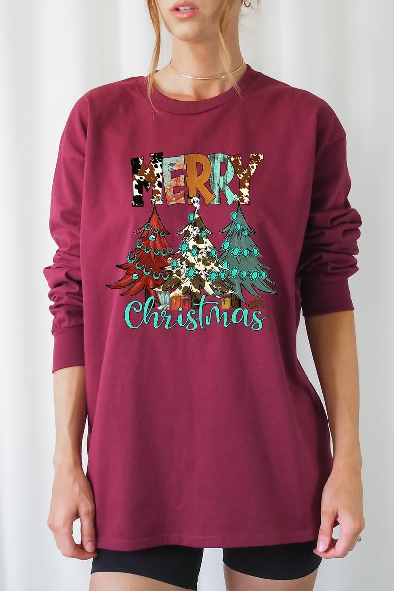 UL240P-E3200 Merry Christmas Trees Graphic Plus Long Sleeve Tee $17