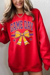 UL180P-E3063 Purple Game Day Football Bow Plus Sweatshirt $25