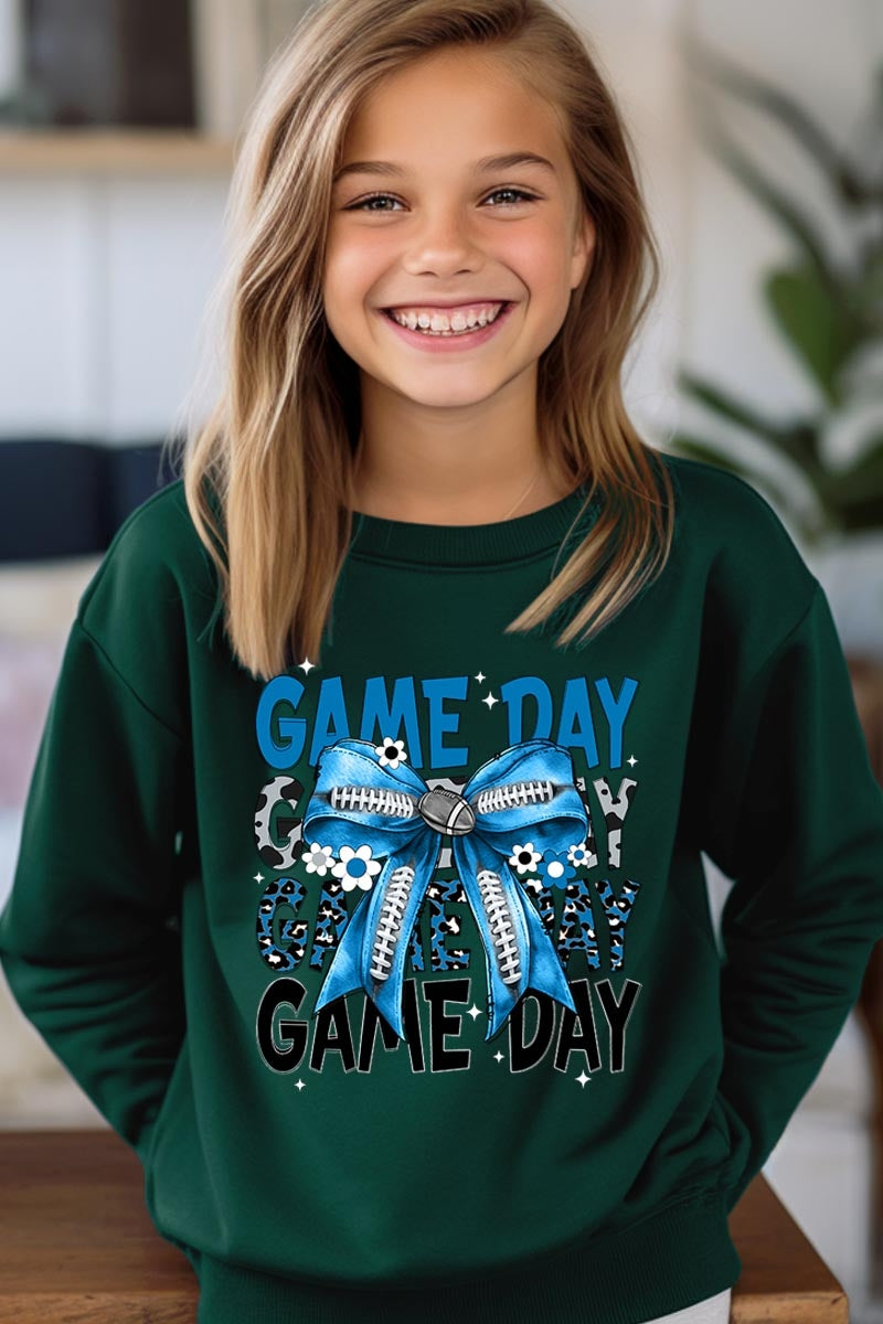 UL180B-E3089Z Blue Silver Football Game Day Bow Kids Sweatshirt $20