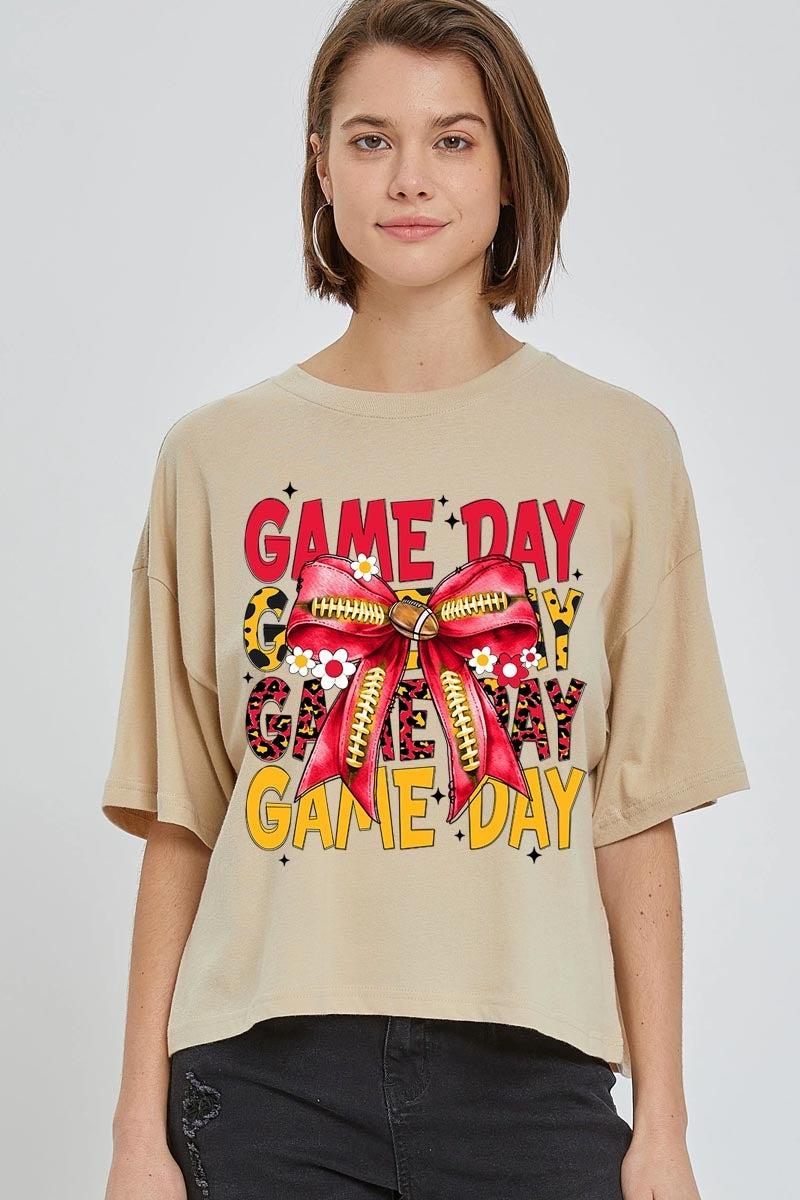 CTS-E3091 Red Yellow Football Game Day Bow Relaxed Crop Top $11
