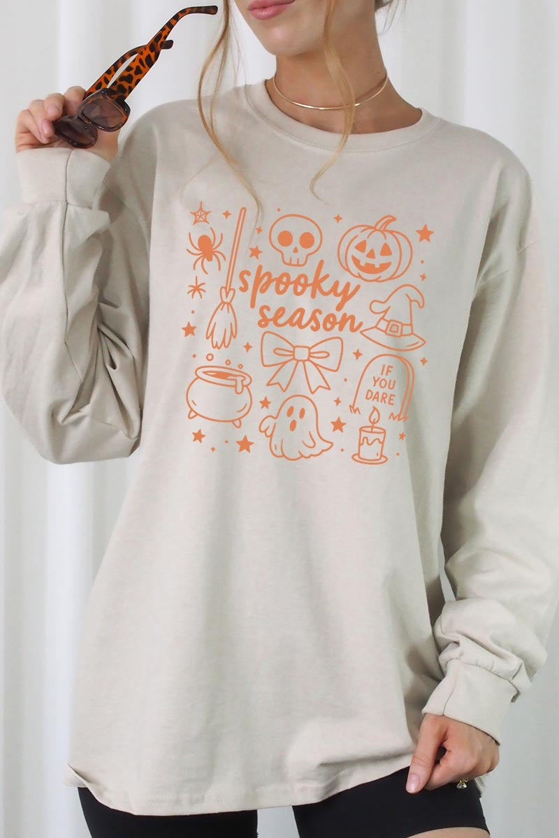 UL240-E3141 Halloween Doodle Graphic Long Sleeve Tee $13.75