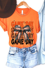 US3001P-E3088 Orange Black Football Game Day Bow Plus Tee $16