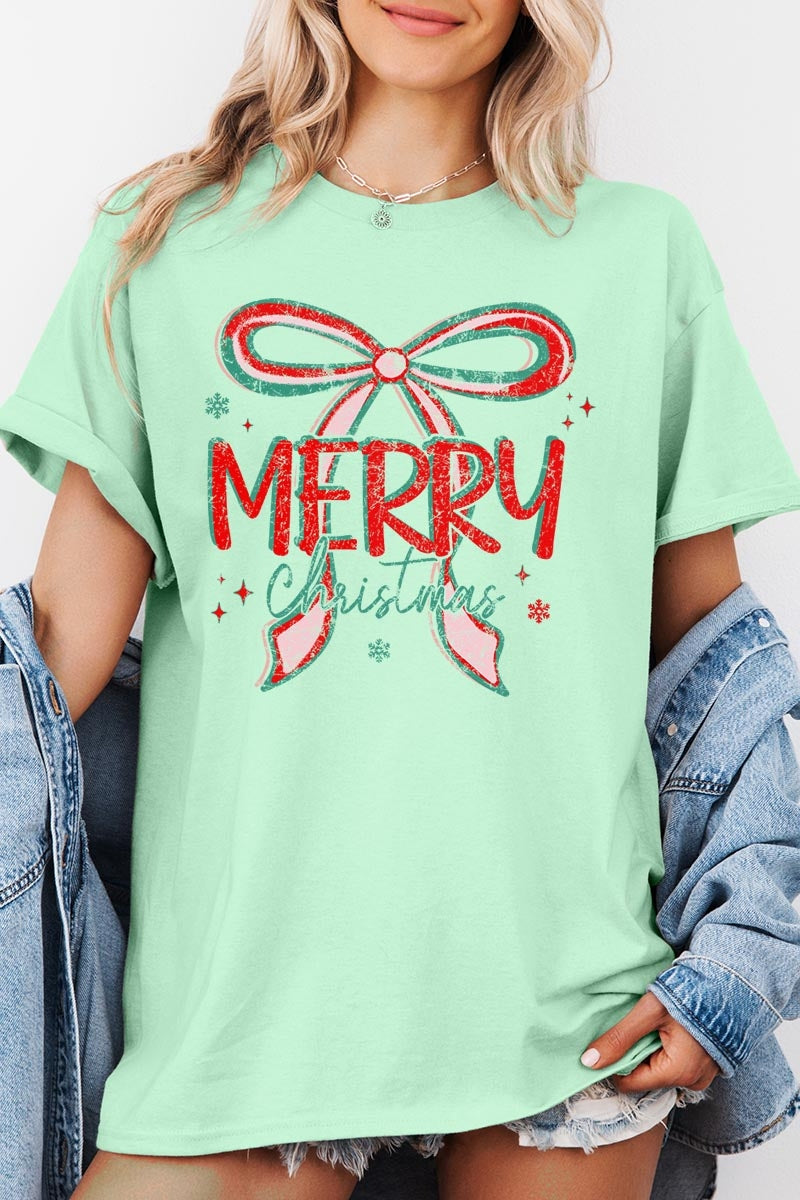 5000P-E3197 Merry Christmas Bow Graphic Plus Heavy Cotton Tee $12.75