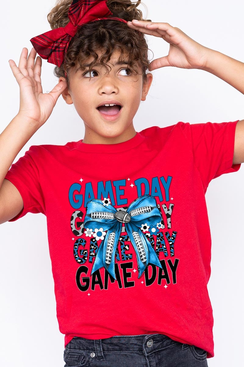 US3001Y-E3089Z Blue Silver Football Game Day Bow Kids Graphic Tee $11