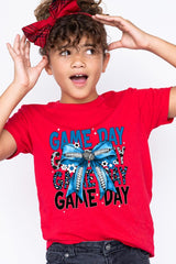US3001Y-E3089Z Blue Silver Football Game Day Bow Kids Graphic Tee $11