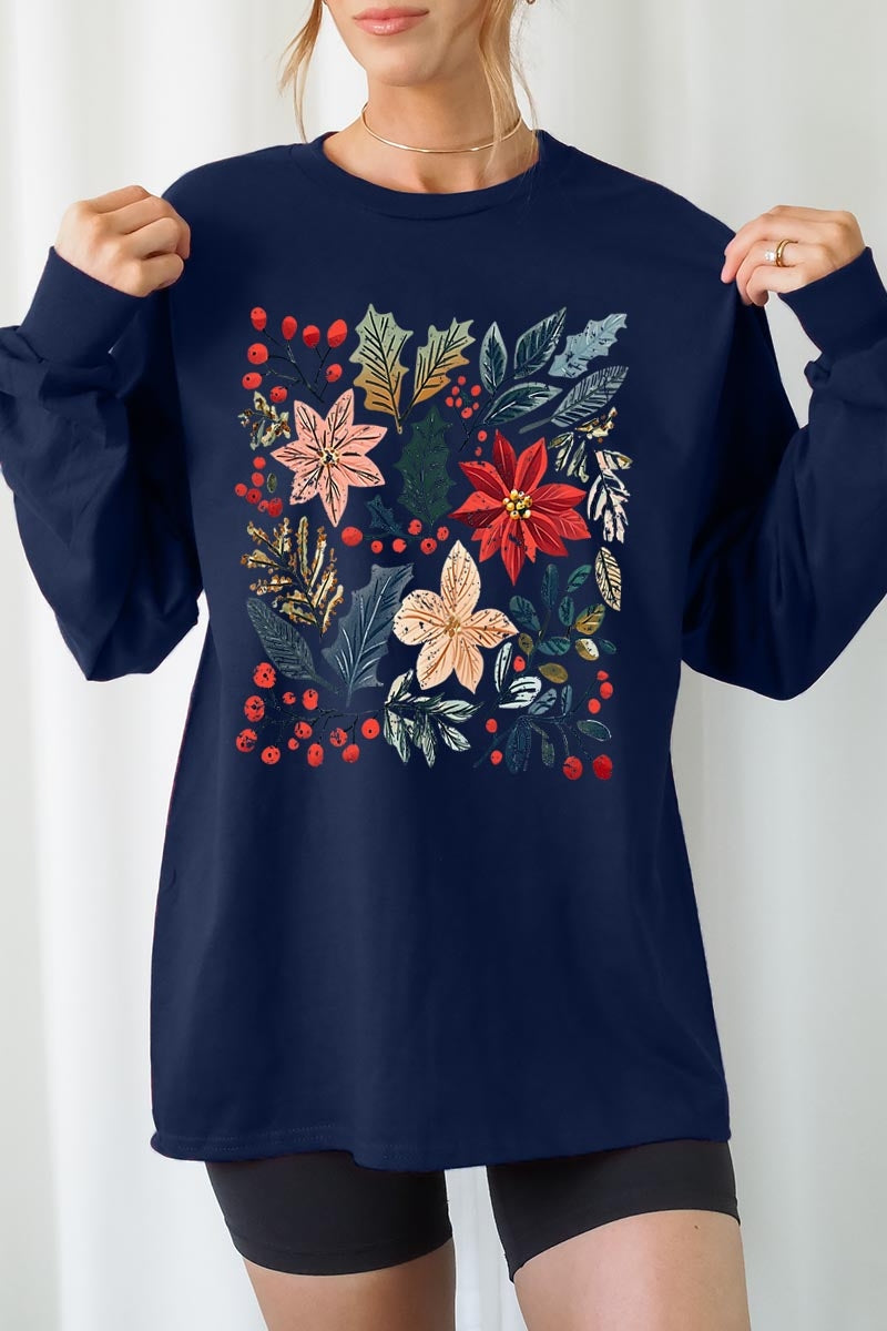 UL240P-E3186 Floral Christmas Graphic Plus Long Sleeve Tee $17
