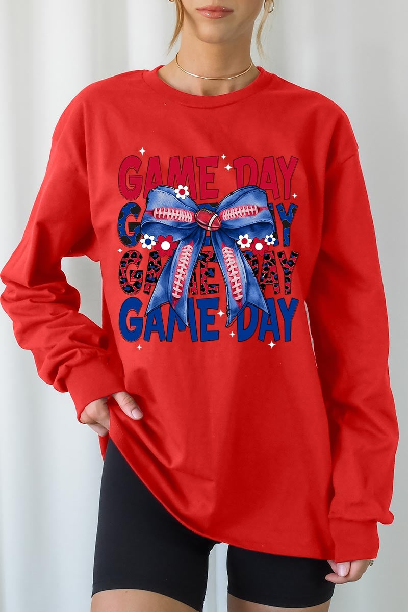 UL240P-E3087 Red Blue Football GameDay Bow Plus Long Sleeve Tee $17