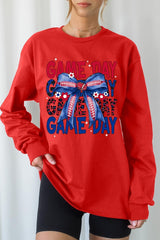 UL240-E3087 Red Blue Football Game Day Bow Long Sleeve Tee $13.75