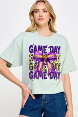 CTS-E3092 Purple Football Game Day Bow Relaxed Crop Top $11