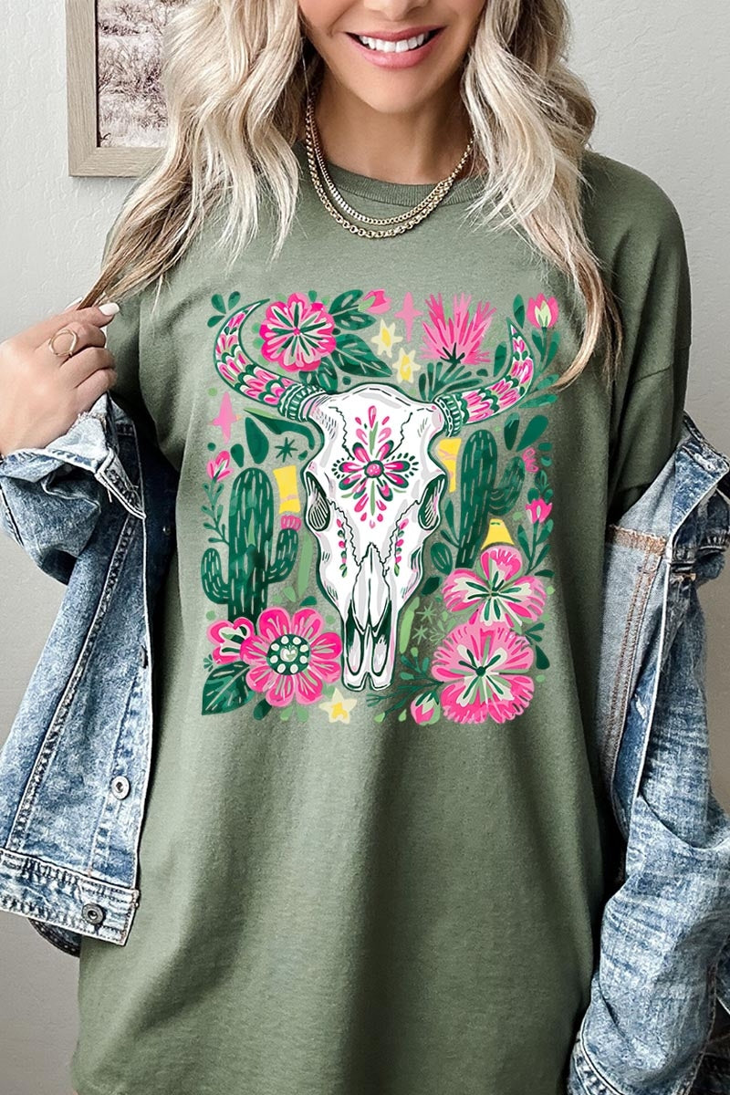 5000-E3086 Western Floral Cow Skull Graphic Heavy Cotton Tee $9