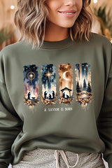 UL180P-E3204 Savior Is Born Nativity Graphic Plus Sweatshirt $25