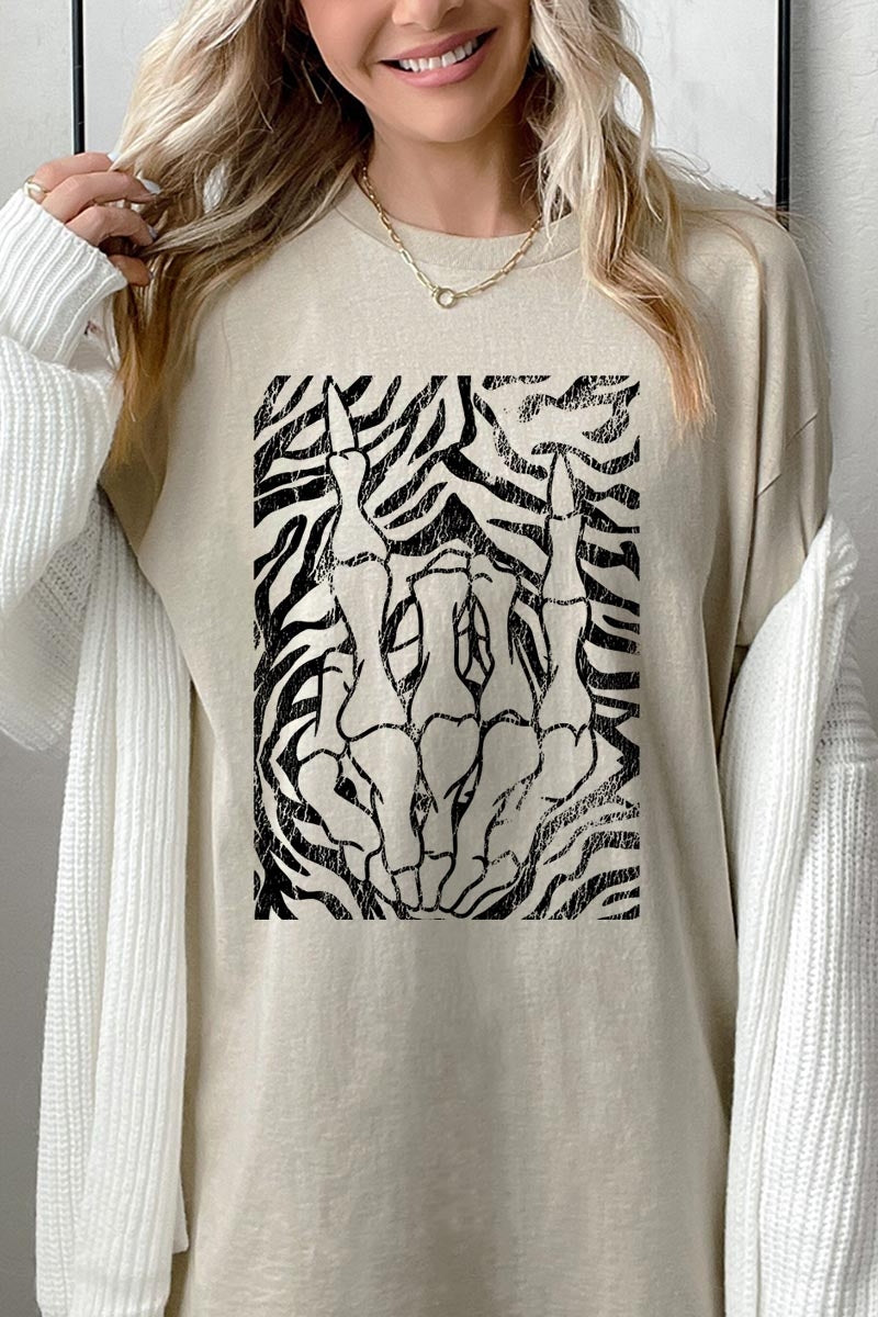 5000P-E3177 Skeleton Hands Zebra Graphic Plus Heavy Cotton Tee $12.75