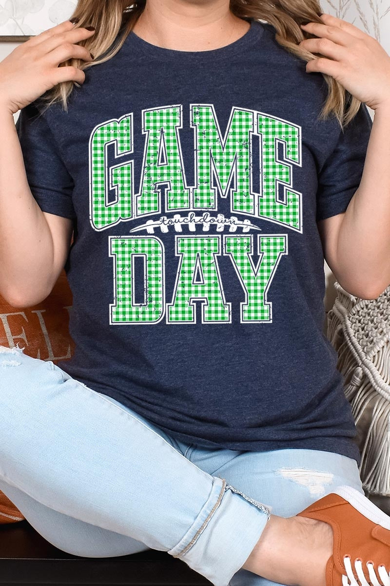 US3001-E3128 Green Gingham Game Day Graphic Tee $12.5