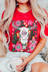 US3001-E3086 Western Floral Cow Skull Graphic Tee $12.5