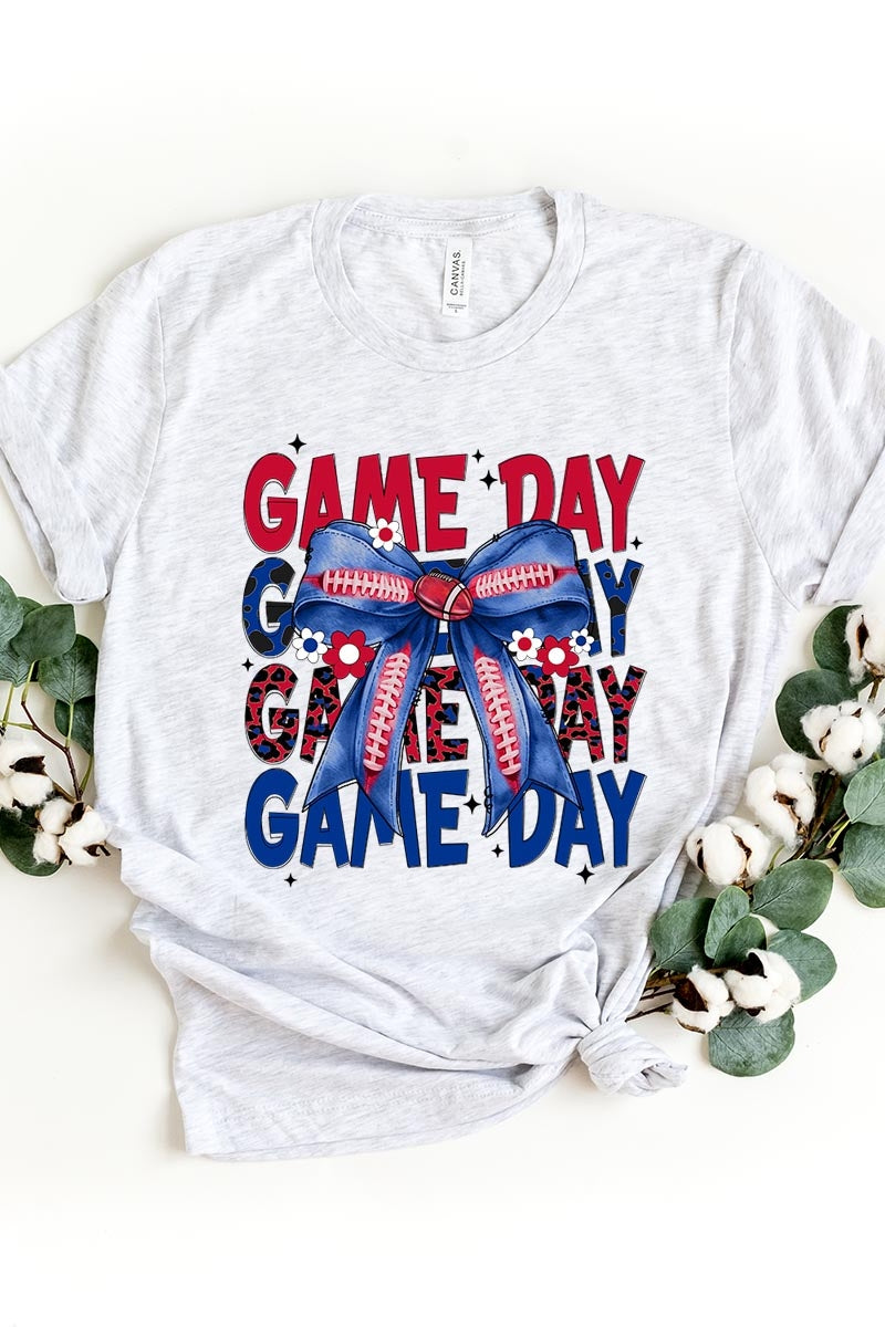 US3001-E3087 Red Blue Football Game Day Bow Graphic Tee $12.5