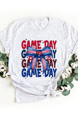 US3001-E3087 Red Blue Football Game Day Bow Graphic Tee $12.5