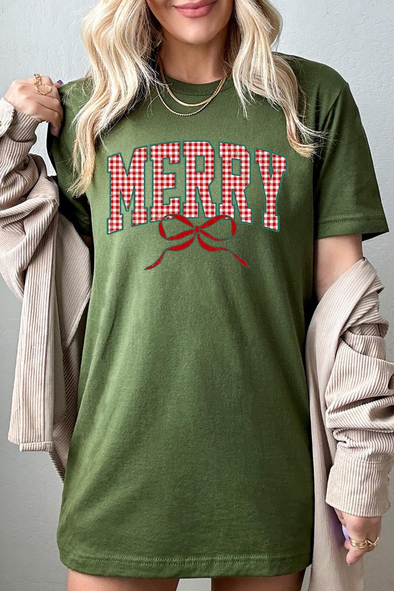 US3001P-E3206 Plaid Merry Christmas Bow Graphic Plus Tee $16