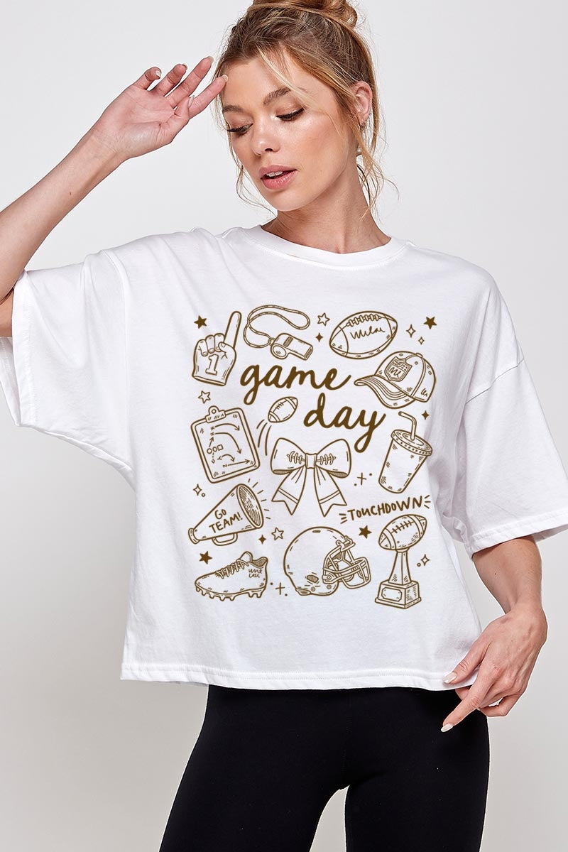 CTS-E3081 Football Doodles Graphic Relaxed Crop Top $11