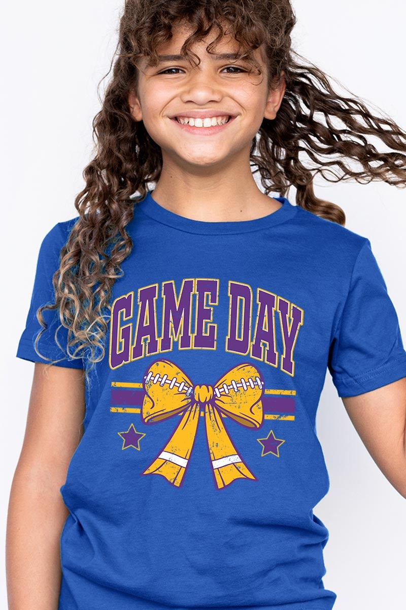 US3001Y-E3063Z Purple Game Day Football Bow Kids Graphic Tee $11