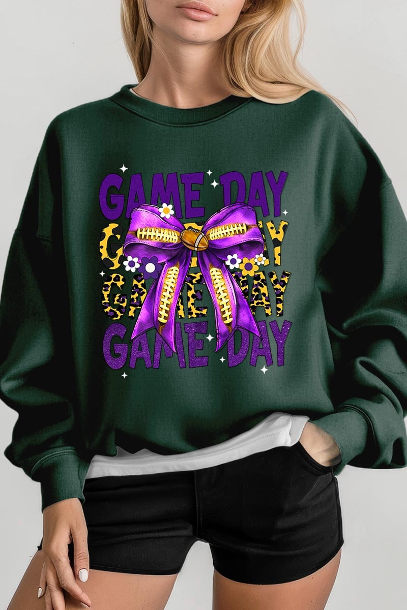 UL180P-E3092 Purple Yellow Football GameDay Bow Plus Sweatshirt $25