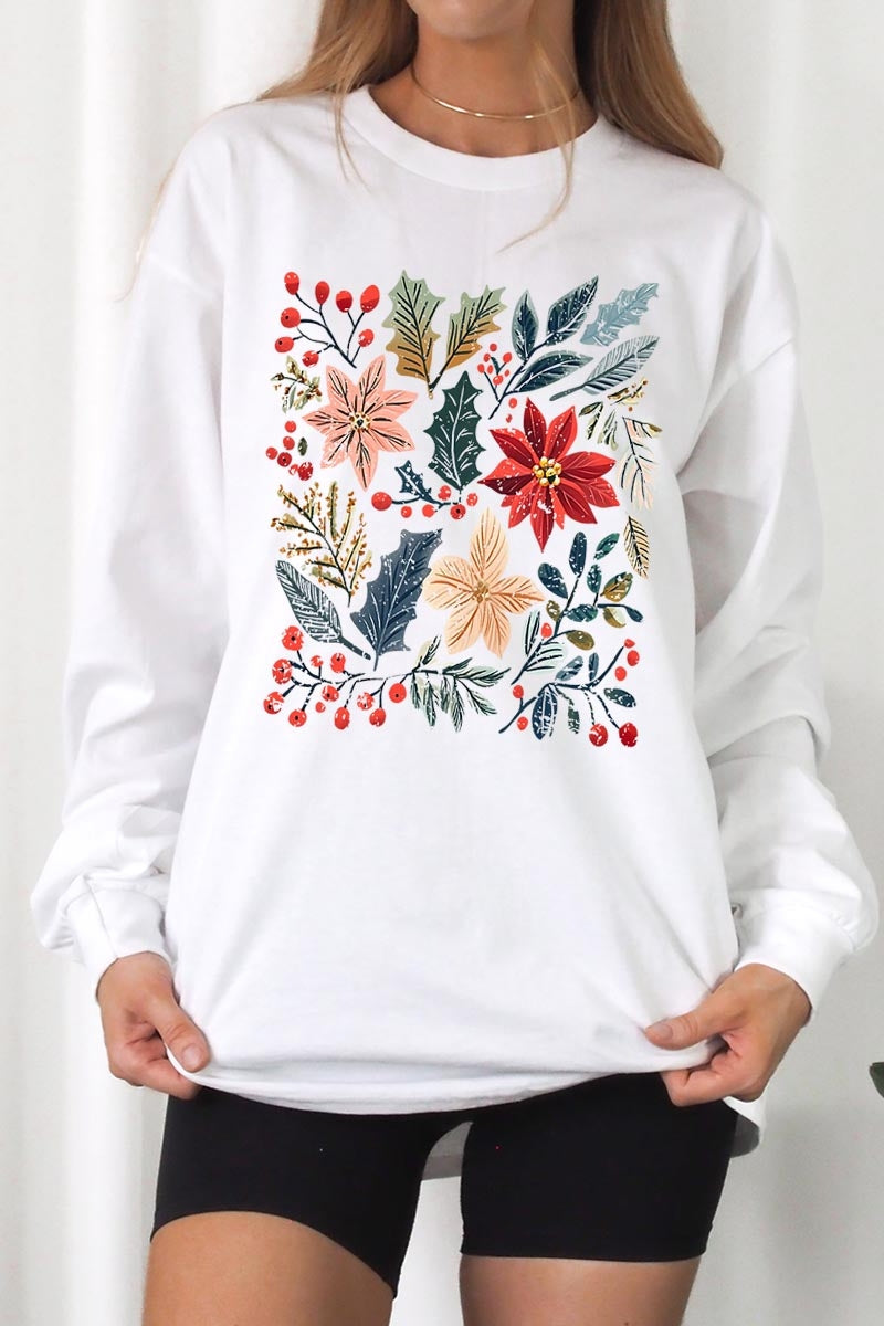 UL240P-E3186 Floral Christmas Graphic Plus Long Sleeve Tee $17