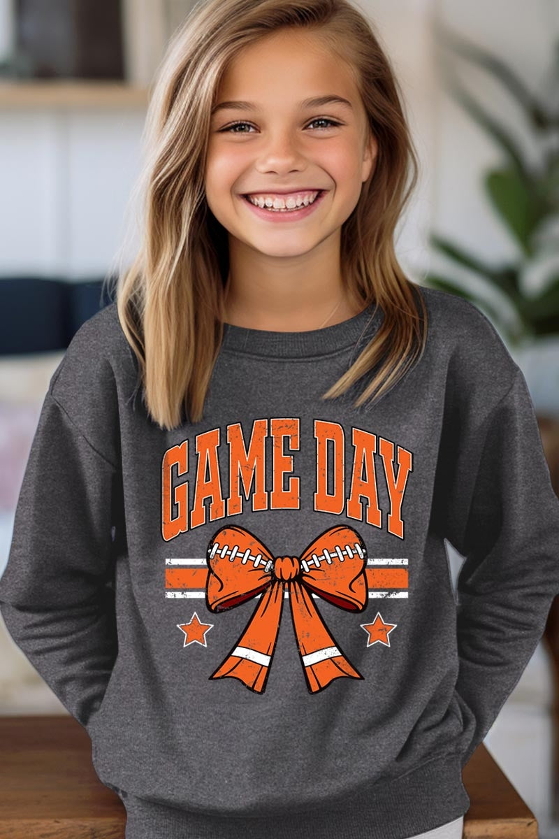 UL180B-E3064Z Orange Game Day Football Bow Kids Sweatshirt $20