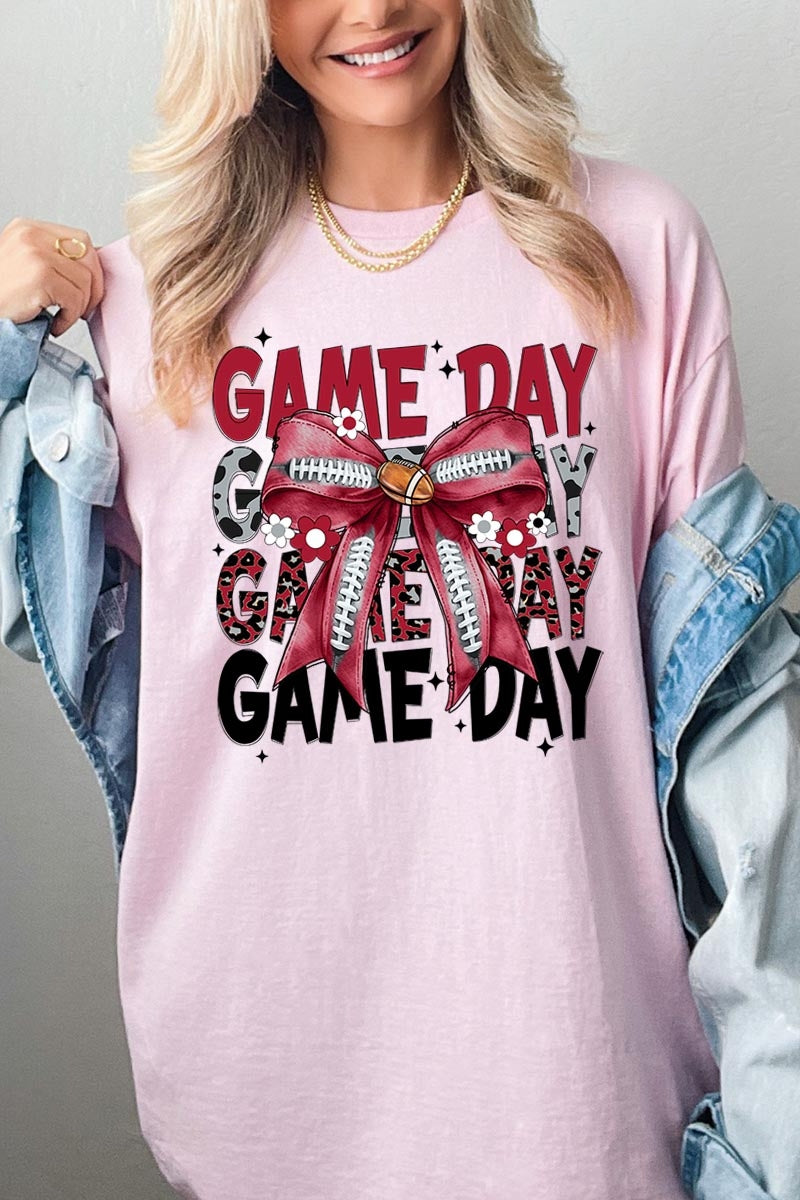 5000-E3093 Red Silver Football Game Day Bow Heavy Cotton Tee $9