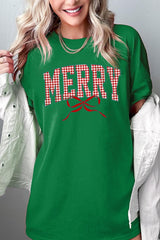 5000-E3206 Plaid Merry Christmas Bow Graphic Heavy Cotton Tee $9