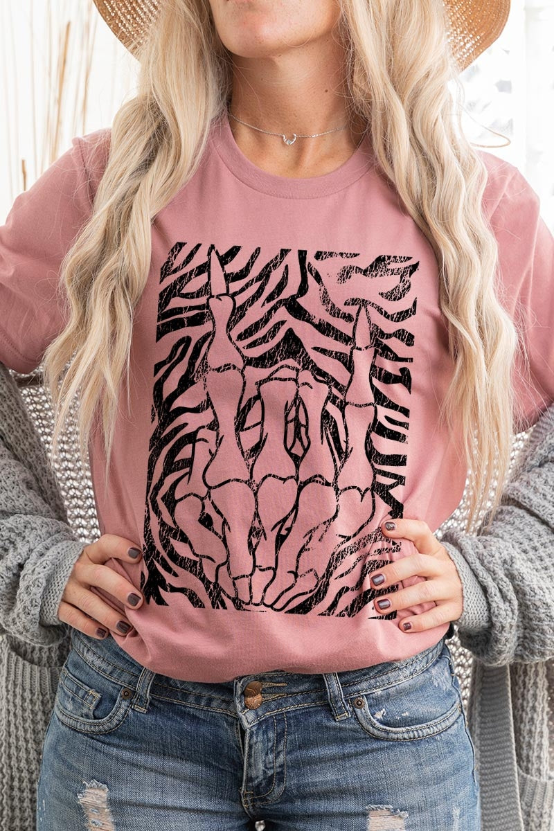 US3001P-E3177 Skeleton Hands Zebra Graphic Plus Tee $16