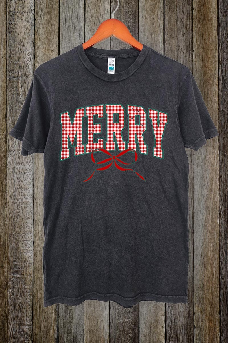 LS002-E3206 Plaid Merry Christmas Bow Graphic Vintage Tee $15.5