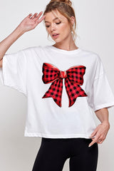 CTS-E3198 Red Buffalo Plaid Bow Graphic Relaxed Crop Top $11