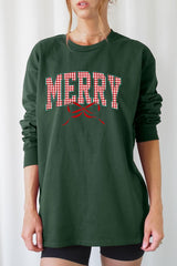 UL240P-E3206 Plaid Merry Christmas Bow Graphic Plus Long Sleeve Tee $17