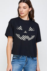 CTS-E3149 Checker Pumpkin Face Graphic Relaxed Crop Top $11