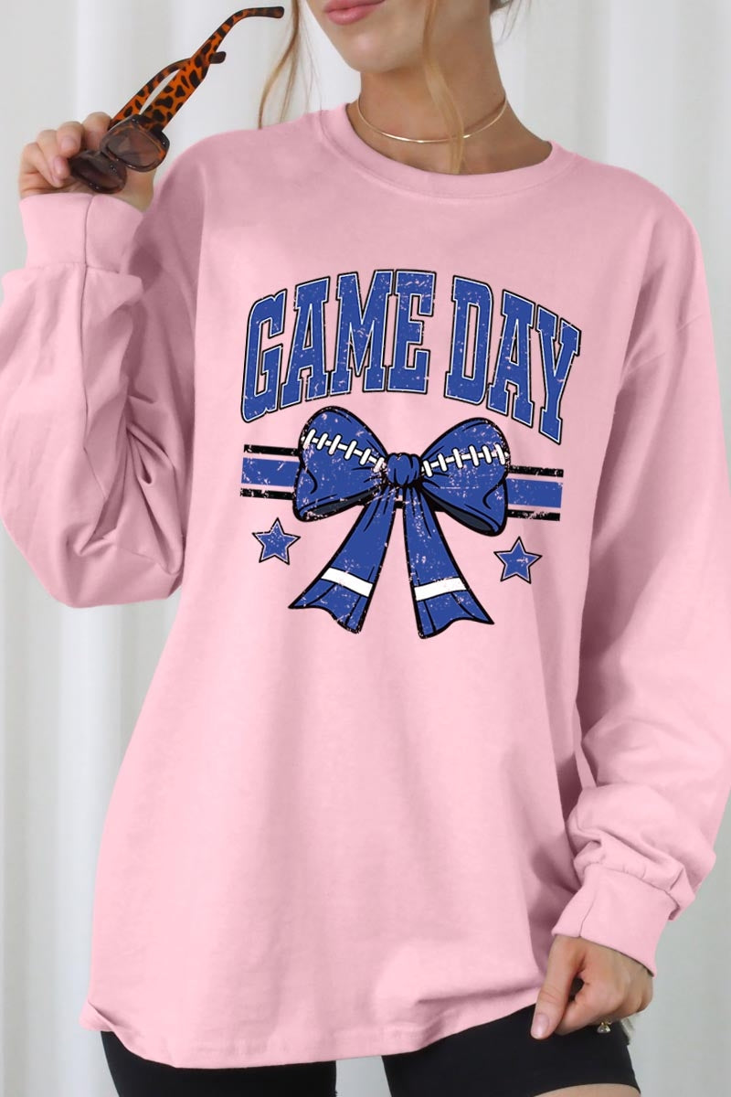 UL240P-E3065 Blue Game Day Football Bow Plus Long Sleeve Tee $17