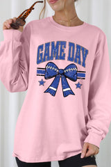UL240-E3065 Blue Game Day Football Bow Graphic Long Sleeve Tee $13.75