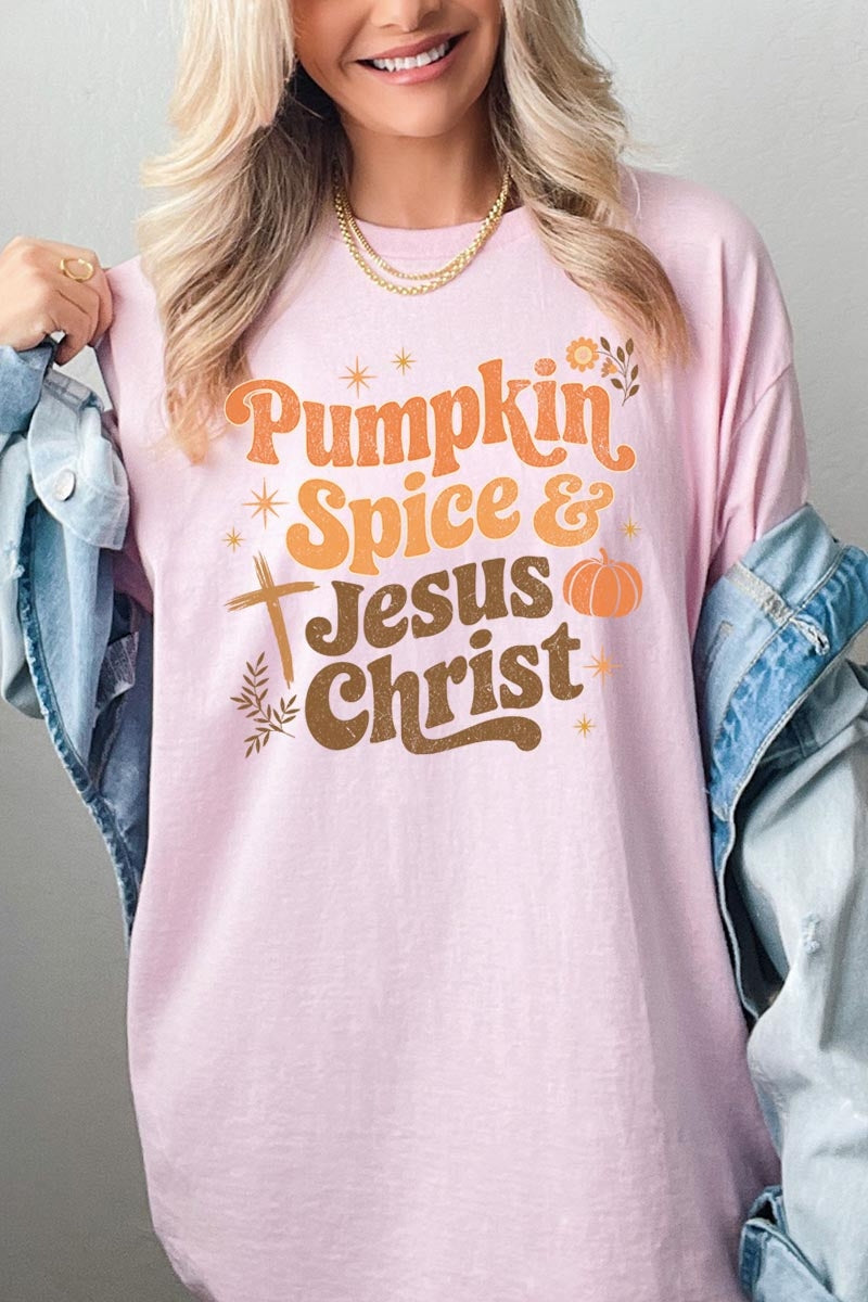5000-E3164 Pumpkin Spice & Jesus Graphic Heavy Cotton Tee $9