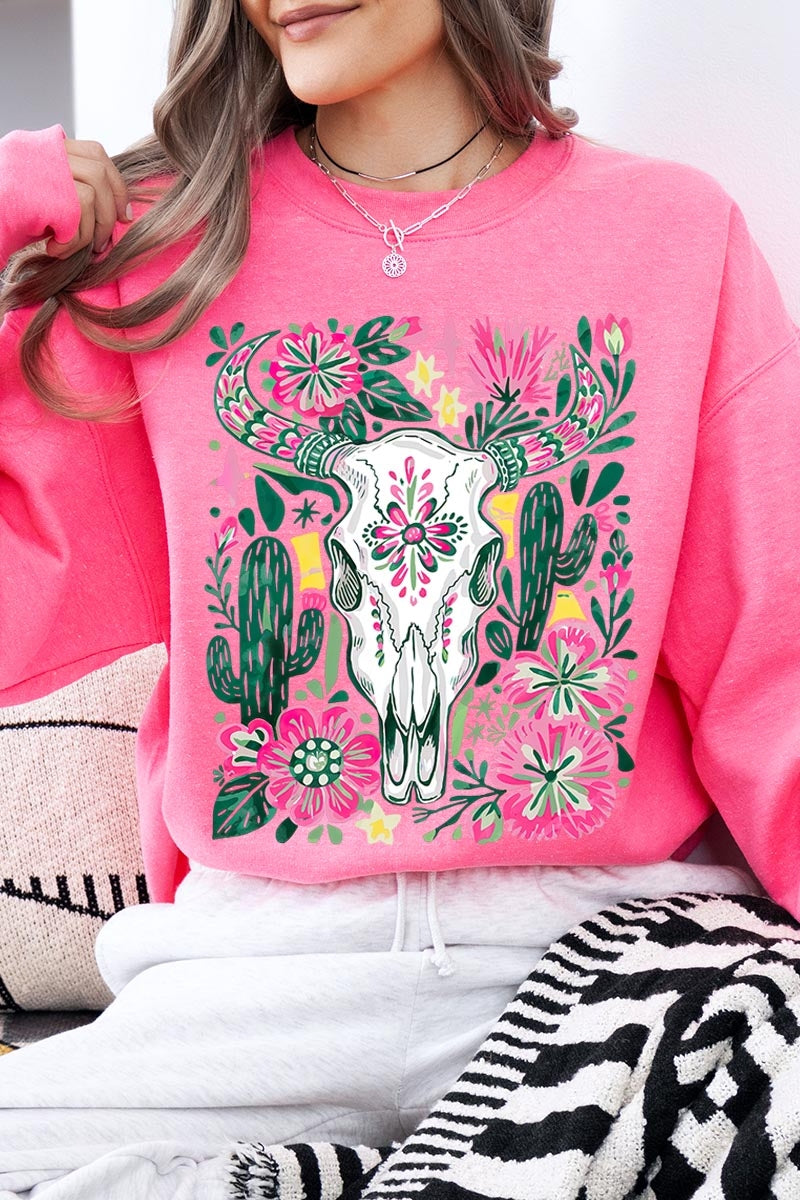 UL180-E3086 Western Floral Cow Skull Graphic Sweatshirt $20