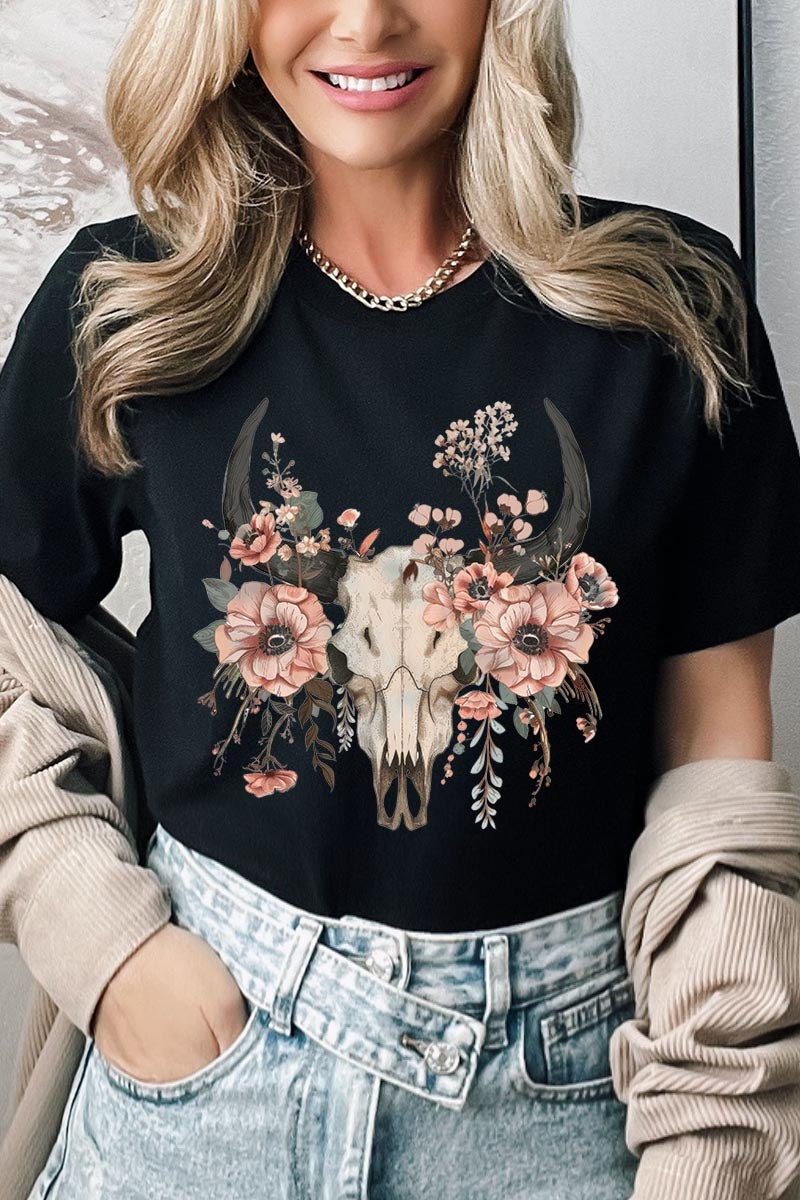 US3001P-E3113 Western Skull Floral Graphic Plus Tee $16