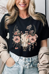 US3001-E3113 Western Skull Floral Graphic Tee $12.5