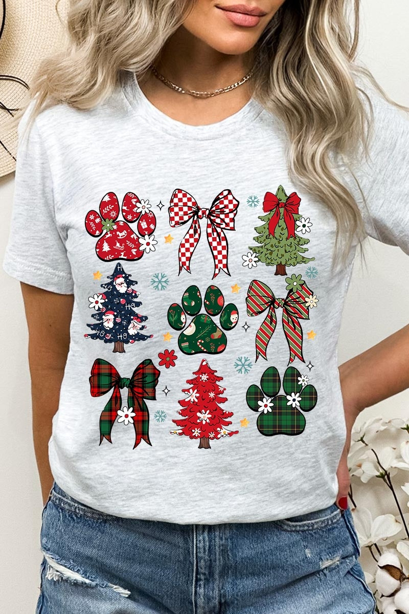 US3001-E3195 Christmas Bow Paw Graphic Tee $12.5