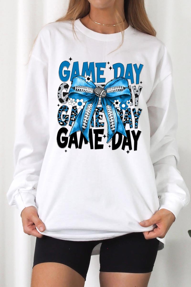 UL240-E3089 Blue Silver Football Game Day Bow Long Sleeve Tee $13.75