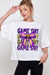 CTS-E3092 Purple Football Game Day Bow Relaxed Crop Top $11