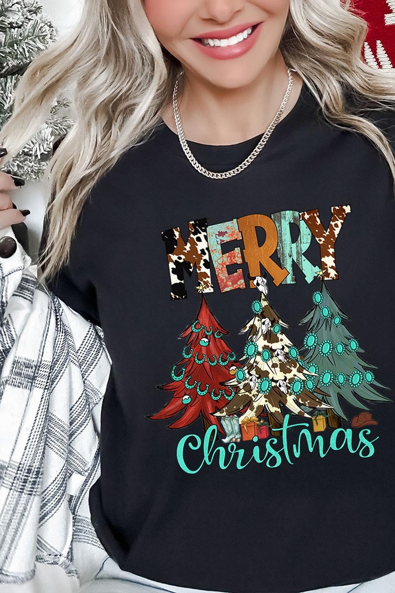 US3001P-E3200 Merry Christmas Trees Graphic Plus Tee $16