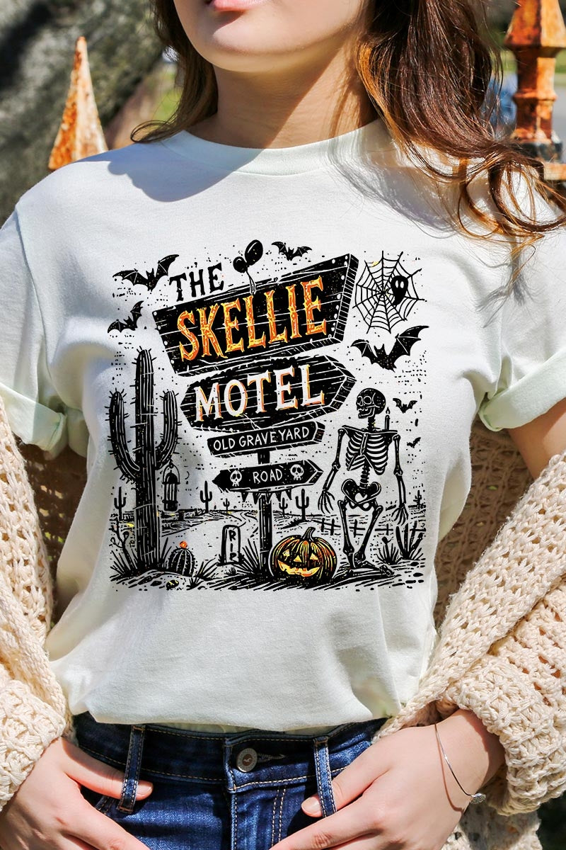 US3001-E3108 Skellie Motel Halloween Graphic Tee $12.5