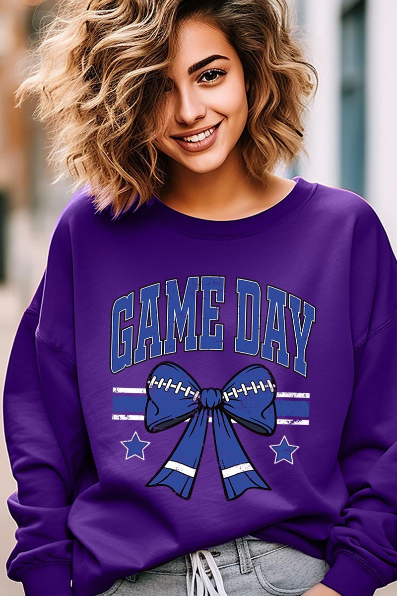UL180-E3065 Blue Game Day Football Bow Graphic Sweatshirt $20