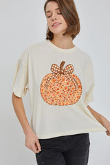 CTS-E3135 Floral Fall Pumpkin Graphic Relaxed Crop Top $11