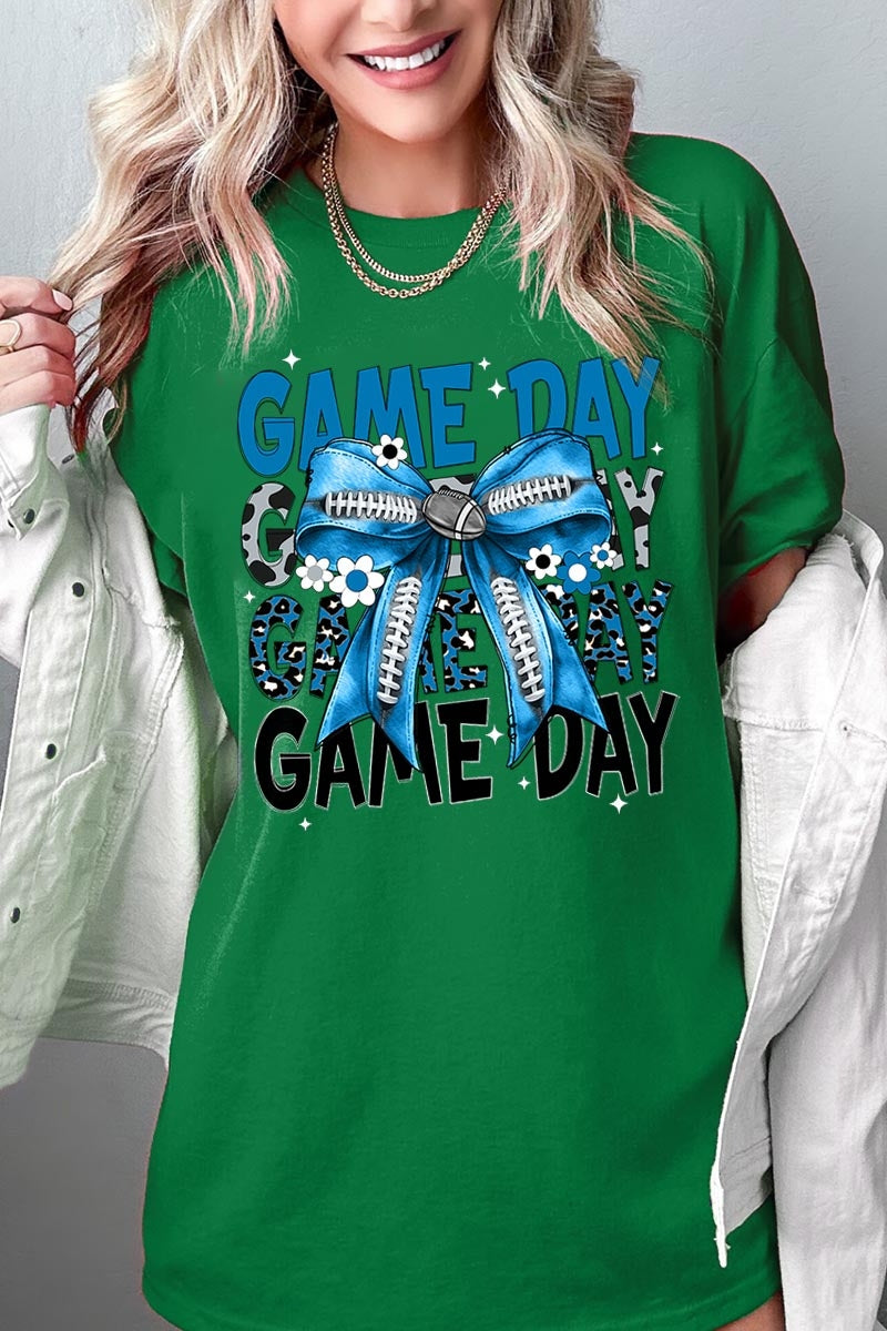 5000-E3089 Blue Silver Football Game Day Bow Heavy Cotton Tee $9