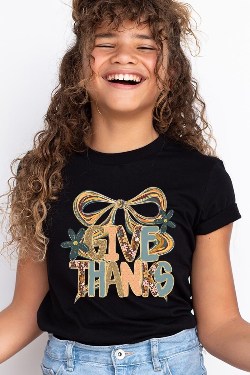 US3001Y-E3154Z Give Thanks Bow Kids Graphic Tee $11